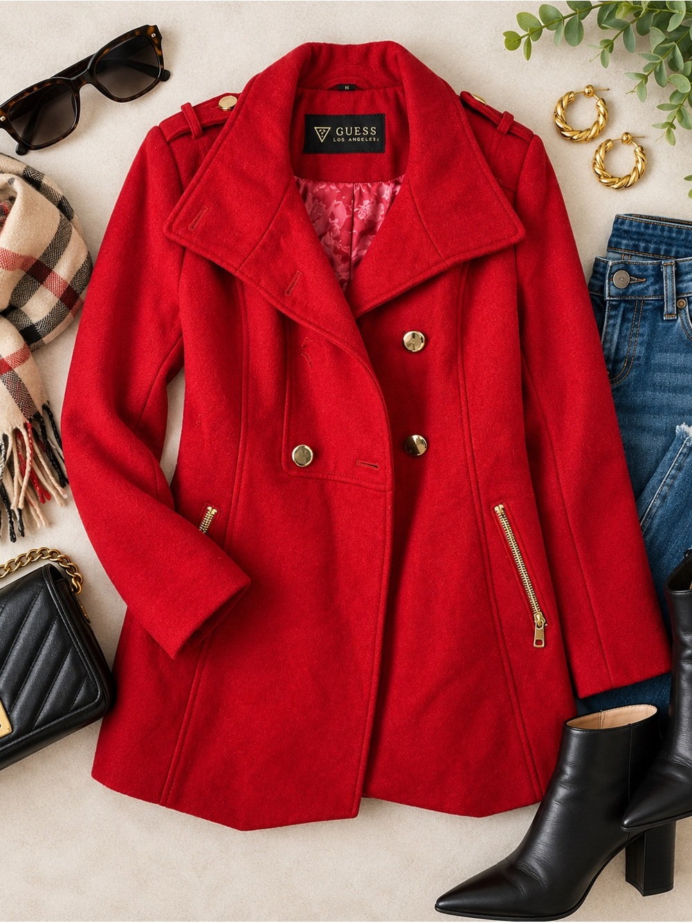 GUESS Los Angeles Red Wool Blend Military Peacoat Size M